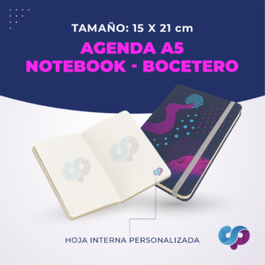 Agenda A5 tipo notebook de 15 × 21 cm con portada y hojas internas personalizadas
