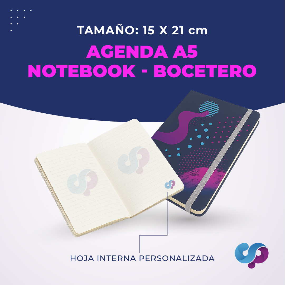 Agenda A5 tipo notebook de 15 × 21 cm con portada y hojas internas personalizadas