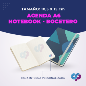 Agenda A6 tipo notebook compacta, con portada y hojas internas personalizadas para empresas, eventos, promociones y uso personal.