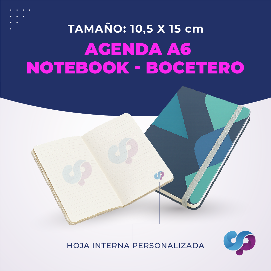 Agenda A6 tipo notebook compacta, con portada y hojas internas personalizadas para empresas, eventos, promociones y uso personal.
