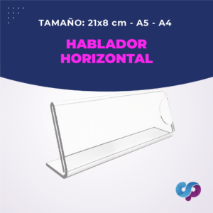 Hablador horizontal de acrílico transparente disponible en 21 × 8 cm, A5 y A4