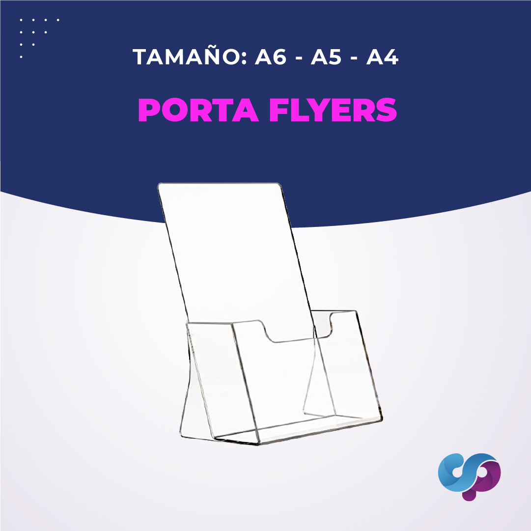 Porta flyers de acrílico transparente disponible en tamaños A6, A5 y A4